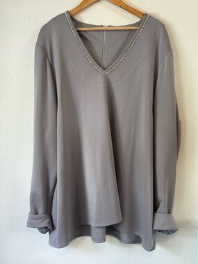 Vintage Long Sleeve Blouse Embellished V-Neck Gray Size L/XL Rhinestone Formal